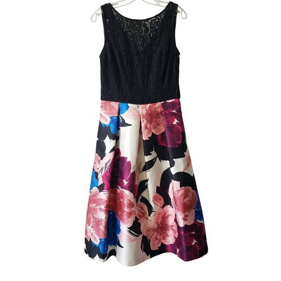 Ellen Tracy Arcadia Print Black Lace Pink Blue Floral Fit and Flare Midi Dress - Picture 3 of 13